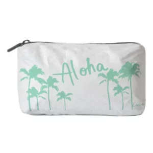 White Tyvek bag with mint green palm trees and "Aloha" text design
