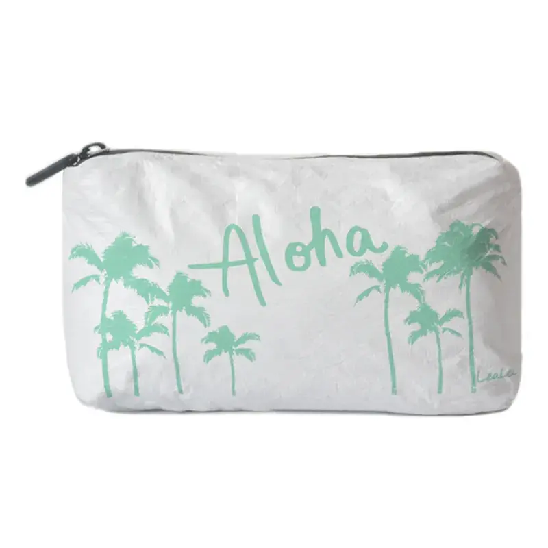 Hvid Tyvek-pose med mintgrønne palmer og "Aloha"-tekstdesign
