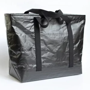 Large black Tyvek bag with long black handles and structured base