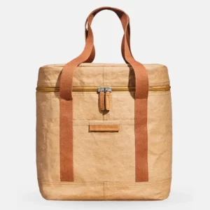 Reusable Tyvek paper bag with top zipper and brown handles.
