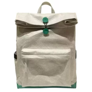 Minimalist white Tyvek backpack with green button closure and front pocket