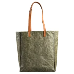 Green Tyvek bag with brown leather handles