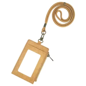 Brown Tyvek card sleeve with clear ID window, zipper pocket, and matching lanyard