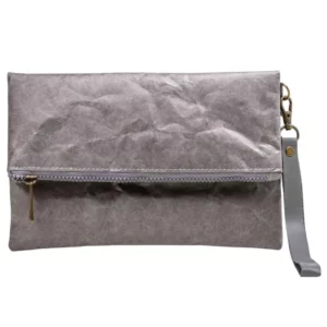 Gray Tyvek clutch bag with zipper and wrist strap
