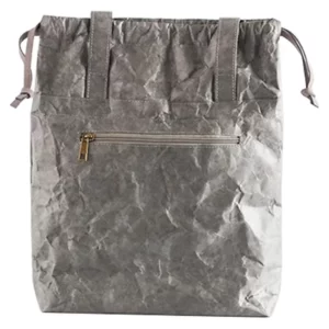 Gray Tyvek drawstring bag with front zipper pocket and crinkled texture