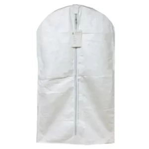White Tyvek garment bag with front zipper and hanging tag