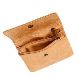 Open Tyvek purse with zipper pocket and snap closure, in kraft brown color