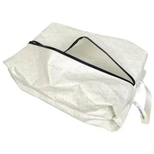 Tyvek shoe bag with zipper closure and handle, shown partially open