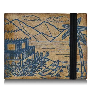 Tyvek wallet with tropical beach illustration and black elastic band